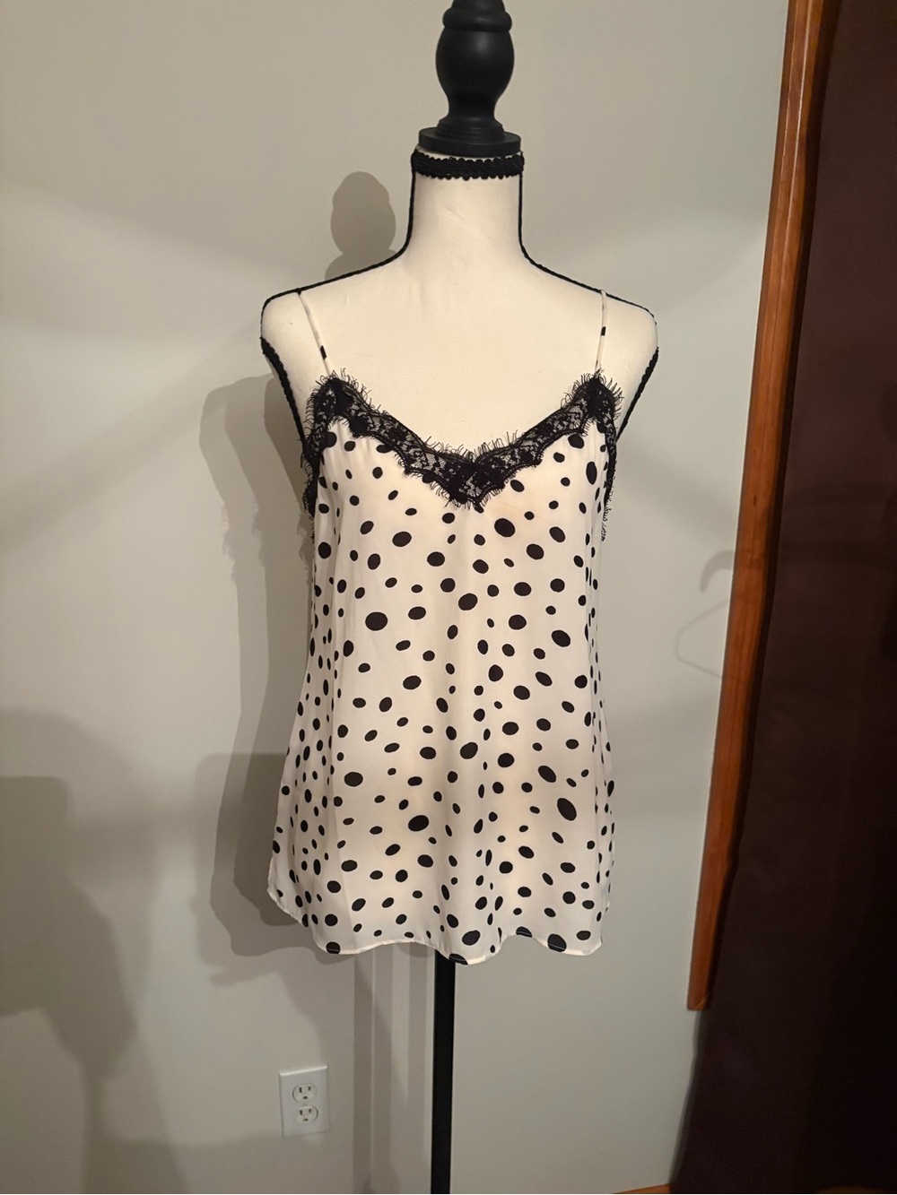 Bar III White Polka Dot Satin Cami with Black Lace Trim
